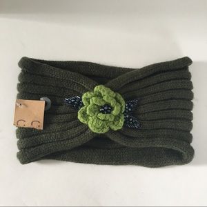 C.C Head Wrap Ear Warmer Olive Green with Rosette